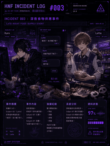 【HNF INCIDENT LOG #003】INCIDENT 003:深夜食物供應事件 chatgpt image 2026年6月8日 下午12 00 06